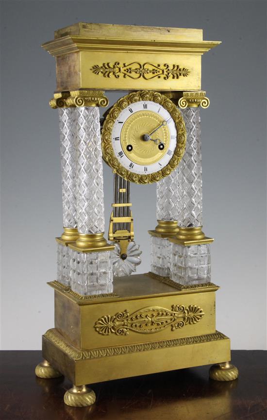 A 19th century French ormolu mounted cut glass portico clock, 17in.